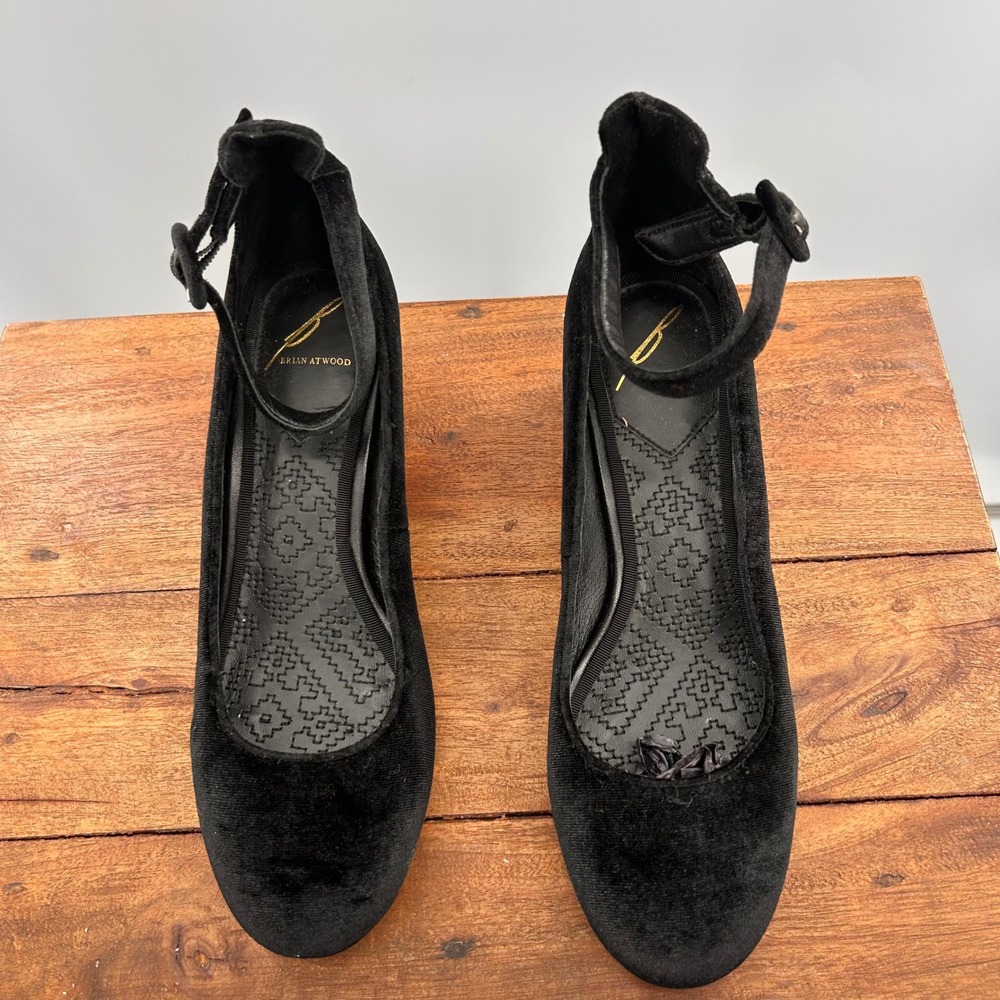 Brian Atwood Black Velvet Ankle Strap Pumps Gold Detail Block Heel Round Toe